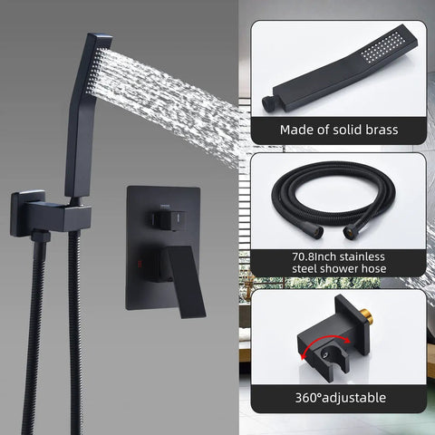 Black 10 Inch Rain Shower System With Wall Mounted Mixer showing solid brass hand shower, stainless steel hose, adjustable bracket