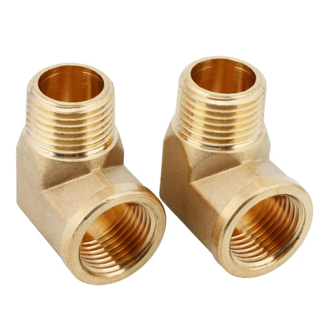 Two Piece Brass Street Elbow Pipe Fitting Half Inch NPT Male To Half Inch NPT Female 90 Degree Barstock Adapter, showing pair of fittings