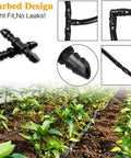 Drip Irrigation Fittings Kit 120 Piece With Barbed Connectors for 1/4 inch tubing in vegetable garden, featuring couplings and tees.
