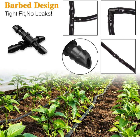 Drip Irrigation Fittings Kit 120 Piece With Barbed Connectors for 1/4 inch tubing in vegetable garden, featuring couplings and tees.