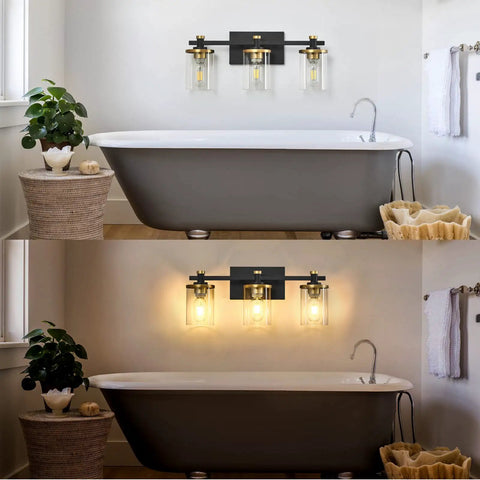 Dope Three Light Vintage Industrial Bathroom Vanity Light Over Mirror In Gold And Black With Clear Glass Shades above bathtub