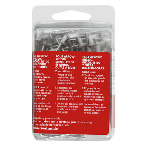 Short Aluminum Pop Rivets 1/8 Inch Diameter 100 Pack For Sheet Metal Auto Repair and Weekend Warrior Builds packaged in a clear container.