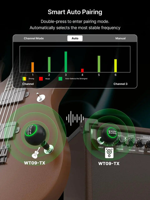 Wireless Guitar System 2.4GHz Transmitter Receiver With Smart Auto Pairing, showing auto pairing interface and channel settings.