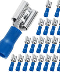Blue Twenty Pack One Quarter Inch Female Spade Connectors Kit for 22-16 AWG Wire, close-up view of connectors