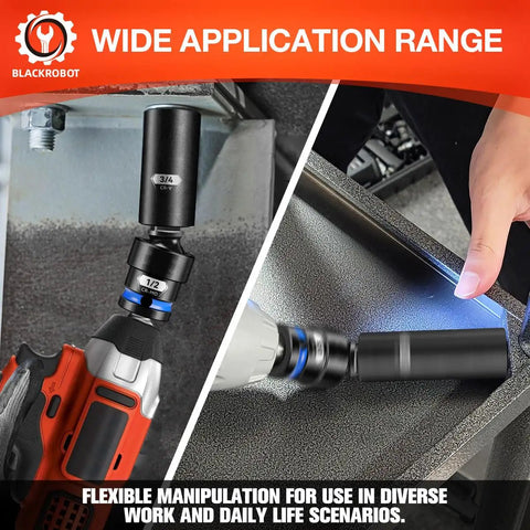 Half Inch Drive Universal Joint Socket Set With Chrome Moly Swivel Socket Adapter in use on drill for tight spaces