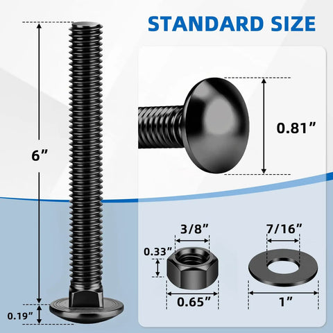 3/8-16 X 6 Carriage Bolt Kit With Nuts And Washers, Round Head Square Neck Bolts, 304 Stainless Steel, Full Thread, Black Finish, Heavy Duty Hardware Set For Furniture, Decks, Rails, Includes 4 Bolts, 4 Nuts, 4 Washers. Black 6-inch carriage bolt with 3/8-inch nut and washer dimensions.