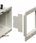 Recessed 2-Gang Electrical Outlet Box with paintable wall plate, white finish, components separated, showing textured faceplate.