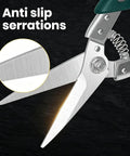 Workhorse Tin Snips Set With Straight And Curved Metal Cutter Shears Heavy Duty Stainless Steel Non Slip Serrated Blades For Quick Clean Cuts On Tin Aluminum Copper Cardboard And Roofing Metal For DIY Projects. Close-up of serrated stainless steel blade and spring handle.