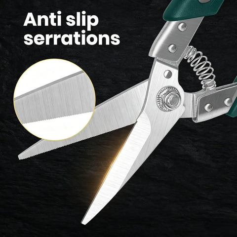 Workhorse Tin Snips Set With Straight And Curved Metal Cutter Shears Heavy Duty Stainless Steel Non Slip Serrated Blades For Quick Clean Cuts On Tin Aluminum Copper Cardboard And Roofing Metal For DIY Projects. Close-up of serrated stainless steel blade and spring handle.