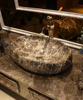 Sleek Oval Ceramic Vessel Sink For Countertop Bathroom Vanity Legit Premium Art Porcelain Basin with elegant marble finish.