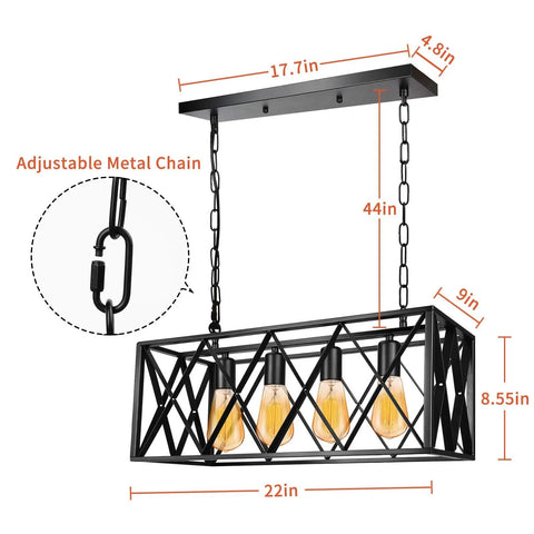 Dope Industrial Kitchen Island Pendant Light Fixture With E26 Base 4 Light Black Metal Pendant with adjustable metal chain