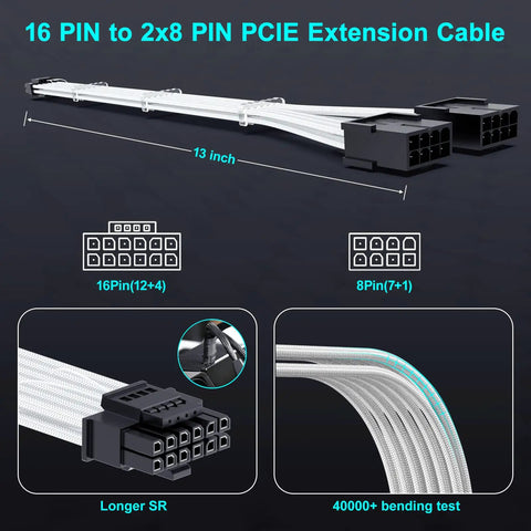 PCIe 5.0 16Pin GPU Power Extension Cable For RTX 4070Ti, 12VHPWR 16Pin To Dual 8Pin, 2x8Pin Male To Female, White Sleeved Cable
