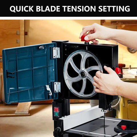 Close-up of Heavy Duty 3 Amp 8 Inch Benchtop Bandsaw With 1800 FPM showing quick blade tension setting and interior components.