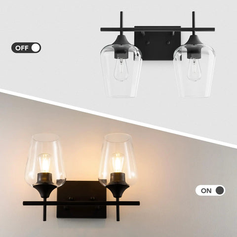 2 Light Vanity Light Fixture With Clear Glass Shades And Matte Black Finish, shown in both off and illuminated states.