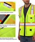 Built Tough Heavy Duty Reflective Safety Vest With 3M Tape And Reinforced Stitching Breathable Yellow Mesh Hella Visible For Construction Crews And Surveyors Zippered Front With Utility Pockets XL showing zippered front and multiple cargo pockets.