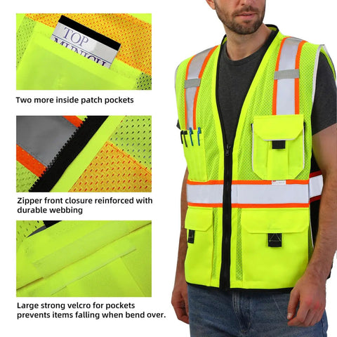 Built Tough Heavy Duty Reflective Safety Vest With 3M Tape And Reinforced Stitching Breathable Yellow Mesh Hella Visible For Construction Crews And Surveyors Zippered Front With Utility Pockets XL showing zippered front and multiple cargo pockets.