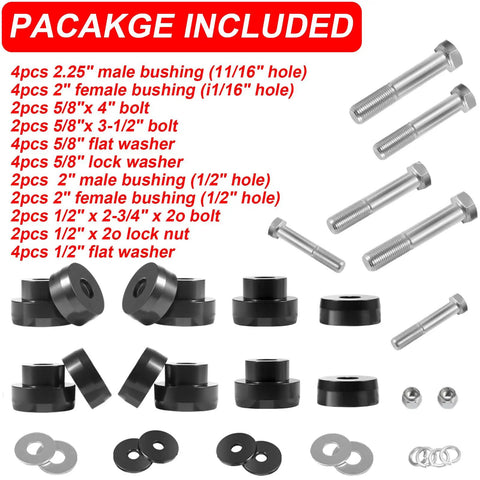 Beefed Up Billet Aluminum Body Mount Bushings Kit For Camaro Nova Chevy II 1968 1981 package contents with bolts and bushings