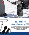 Person securing ice fishing tent with Deluxe Ice Fishing Shelter Tie Down Kit For Eskimo Tents With Carabiner Attachments.