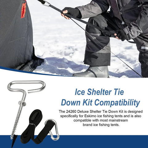 Person securing ice fishing tent with Deluxe Ice Fishing Shelter Tie Down Kit For Eskimo Tents With Carabiner Attachments.