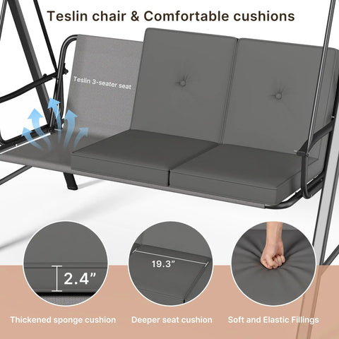 Three Seat Patio Swing With Canopy 2 In 1 Convertible Bed Heavy Duty Outdoor Porch Swing Chair 750 Lbs Weight Capacity