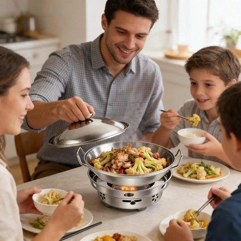Family using Go-To Portable Alcohol Stove Set For Camping And Backpacking Adjustable Lid Pot With Stainless Steel Utensils indoors.