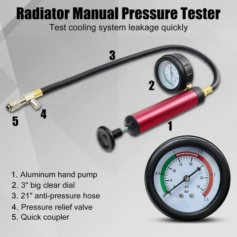 Streetwise 14 Piece Coolant Pressure Tester Kit With Manual Pump Radiator Leak Down Diagnostic Tool And Universal Adapters For Cars Trucks Bikes Dodge showing manual pump and gauge.