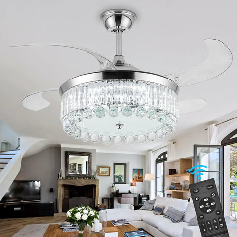 42 Inch Reversible Crystal Ceiling Fan With Lights And Remote Control, Stepless Dimming LED Chandelier in living room