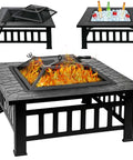 32 Inch Square Fire Pit Table With Spark Screen, Fire Poker, And Ice Bucket Cooler showing fire, grilling, and drink cooling setup.