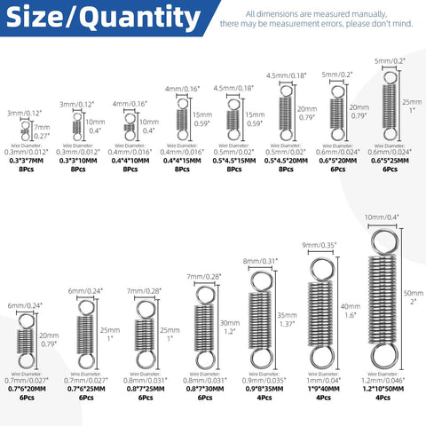 Glarks stainless steel extension springs with double hooks, 96pcs in 15 sizes, shown in a size/quantity diagram.