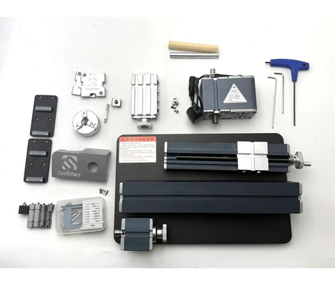 60W Mini Bench Electric Lathe Machine 12000 RPM All Metal Woodworking Tool parts layout on workbench for DIY projects.