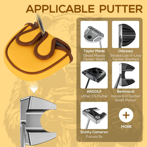 Image of yellow Beer Bear Golf Club Head Cover compatible with various putter models. Features listed include Taylor Made and Odyssey.