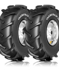 Heavy Duty Thirteen By Five Inch Rear Tine Tiller Tire And Wheel Set Four Ply Puncture Resistant Construction Three Quarter Inch Axle Bore Replacement For Garden Tiller And Farm Equipment Easy Bolt On Install Two Pack, side view showing tread pattern and 3/4 inch axle bore.