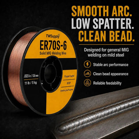 ER70S-6.023 Inch Copper Coated Solid MIG Welding Wire For GMAW, 11 Lb Spool shown with smooth arc and clean bead performance