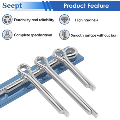 315Pcs Cotter Pin Assortment Kit Zinc Plated Steel Split Pins Fasteners shown on blue background highlighting durability and smoothness.