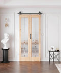 Premium Built To Last Heavy Duty Bi Fold Barn Door With Frosted Glass Cross Design Preassembled 36 By 84 Inches installed view