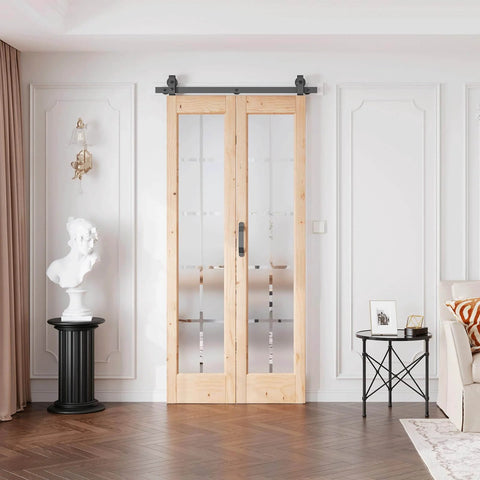 Premium Built To Last Heavy Duty Bi Fold Barn Door With Frosted Glass Cross Design Preassembled 36 By 84 Inches installed view