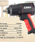 Close-up of Beast Of A Half-Inch Air Impact Wrench With Twin Hammer, showing specs and composite body with soft grip