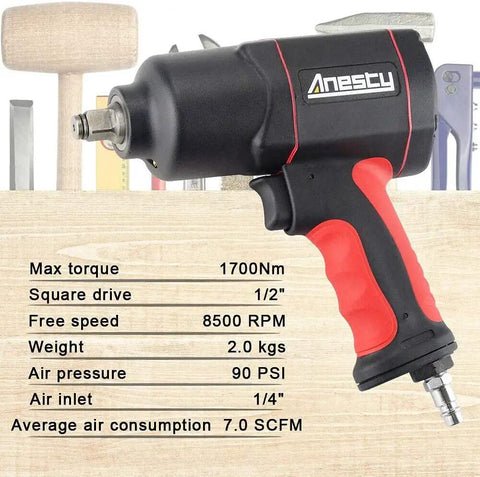 Close-up of Beast Of A Half-Inch Air Impact Wrench With Twin Hammer, showing specs and composite body with soft grip