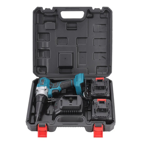 Open case showing portable cordless brushless rivet gun with automatic operation, heavy duty electric riveter kit, two 5.0Ah batteries