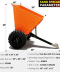 Towable Sand And Gravel Spreader For ATV UTV, 71 Gallon 270 L Capacity, 882 Lb Load, side view with specifications.