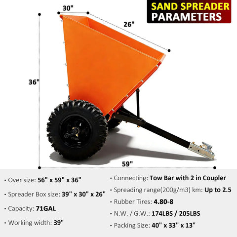 Towable Sand And Gravel Spreader For ATV UTV, 71 Gallon 270 L Capacity, 882 Lb Load, side view with specifications.