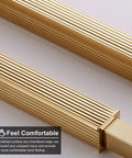 Close-up of polished, ribbed gold handle with text about comfort and safety features.