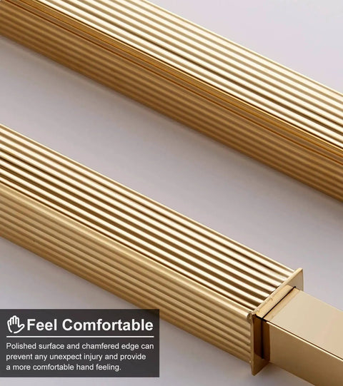 Close-up of polished, ribbed gold handle with text about comfort and safety features.