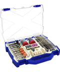 The Real McCoy Electric Mini Drill Bit Kit And Rotary Tool Accessories Set For Grinding Sanding Polishing Cutting Work With One Eighth Inch Shank, 268pc set in blue and clear case.