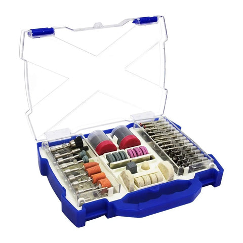 The Real McCoy Electric Mini Drill Bit Kit And Rotary Tool Accessories Set For Grinding Sanding Polishing Cutting Work With One Eighth Inch Shank, 268pc set in blue and clear case.
