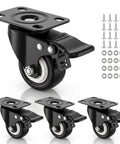 Heavy Duty Polyurethane Caster Wheels Set Of Four With Dual Lock Brakes Non Marking Black Rollers For Workbenches And Tool Carts close-up view with screws and washers.