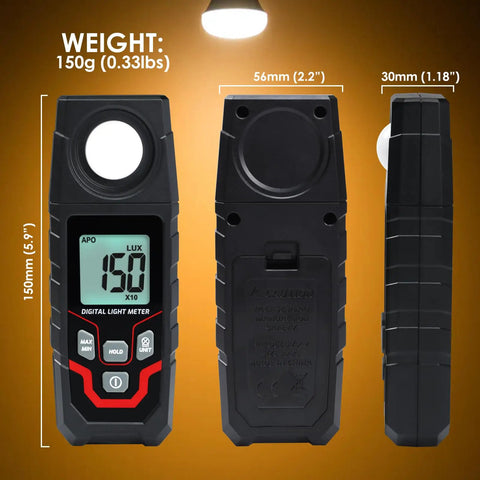 High Accuracy Handheld Light Meter With Lux And FC Switchable Units Measures 0.1 To 200000 Lux And 0.01 To 20000 FC LCD Backlit Display Ideal For Indoor Outdoor Film Photography And Lighting Setup, front and side view with dimensions