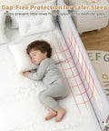 Sleeping child with 47 Inch Foldable Toddler Bed Rail Guard, reinforced carbon steel frame, secure connectors, fits twin to king beds.