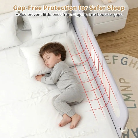 Sleeping child with 47 Inch Foldable Toddler Bed Rail Guard, reinforced carbon steel frame, secure connectors, fits twin to king beds.