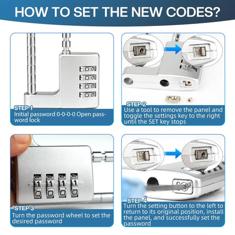 Instructions for setting the code on Adjustable 4-Digit Combination Cabinet Lock Padlock for Gym School Fences and Drawers.